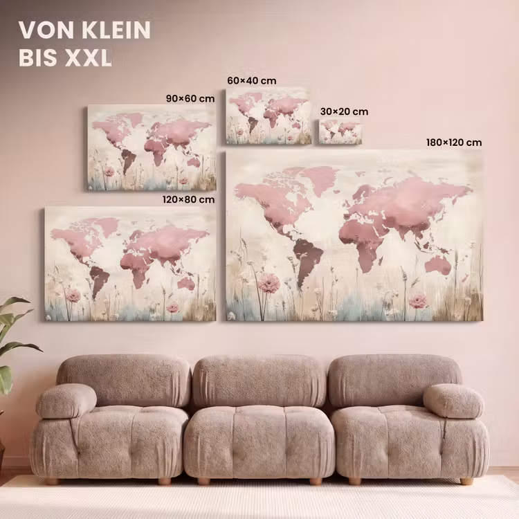 Leinwandbild - Weltkarte - Rosa - Blumen — 6