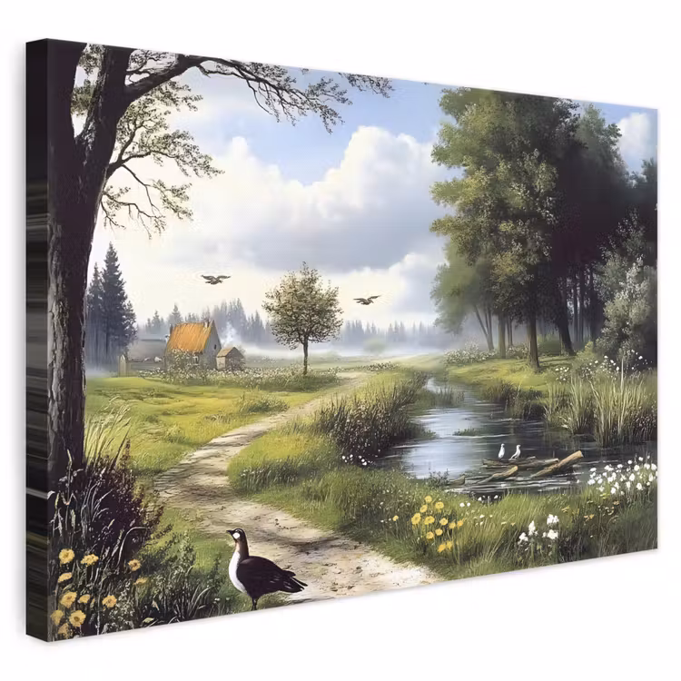 Leinwandbild - Sandiger Weg - Grüne Landschaft - Wasser — 1