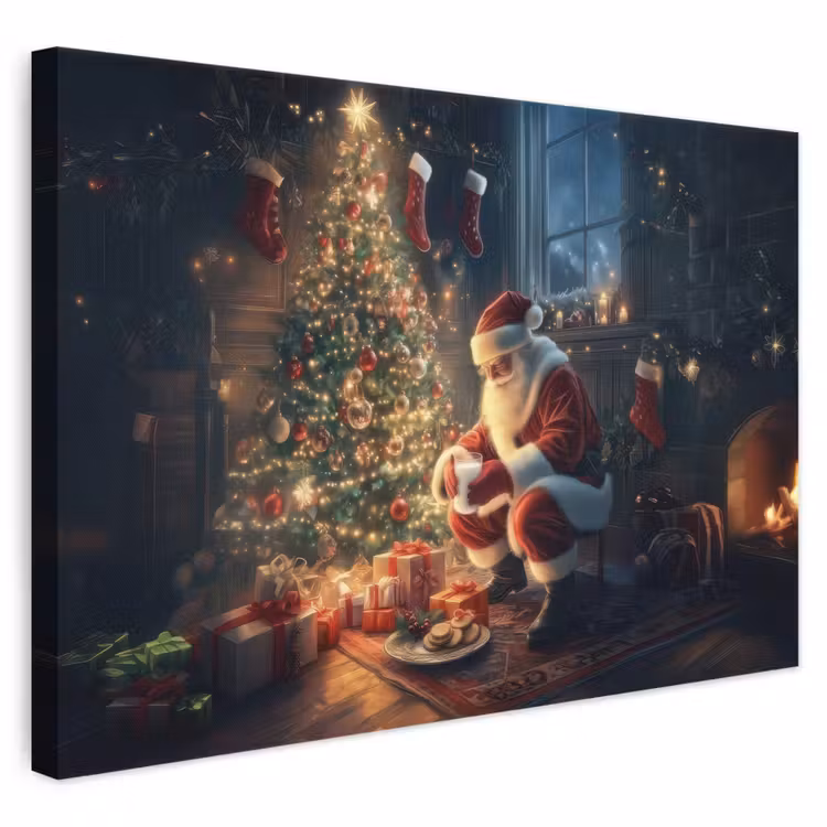 Leinwandbild - Weihnachtsmann - Kamin - Dunkel — 1