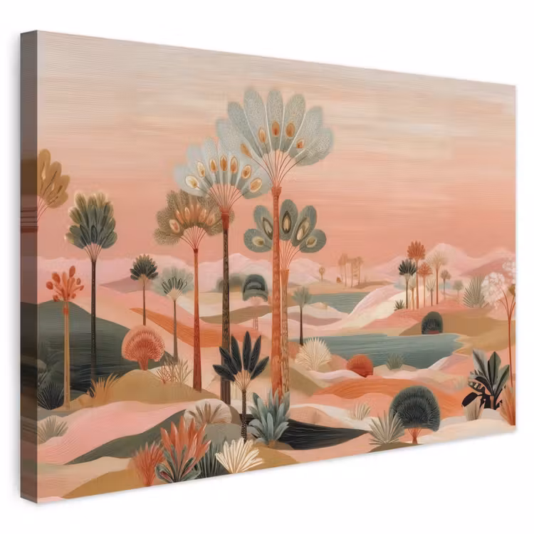Leinwandbild - Rosa Landschaft - Palmen - Wasser — 1