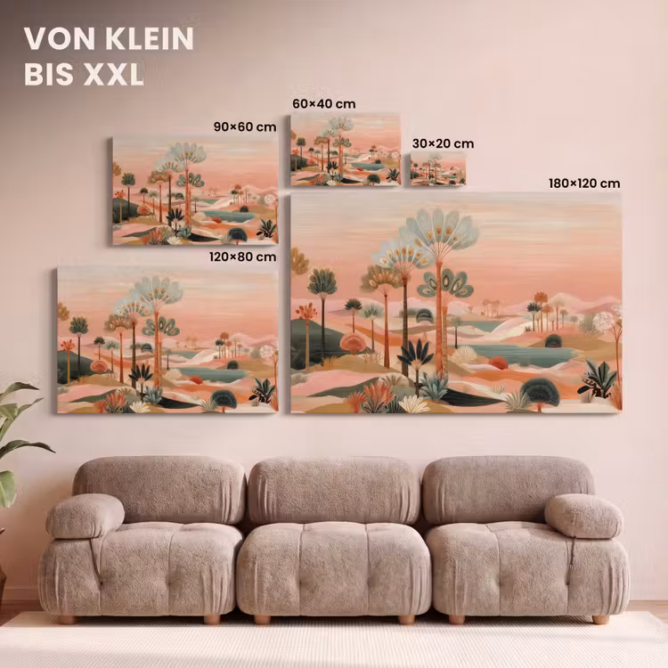 Leinwandbild - Rosa Landschaft - Palmen - Wasser — 6