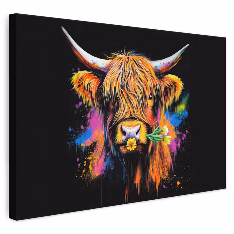 Leinwandbild - Schottischer Highlander - Graffiti - Bunt - Blume - Tiere — 1