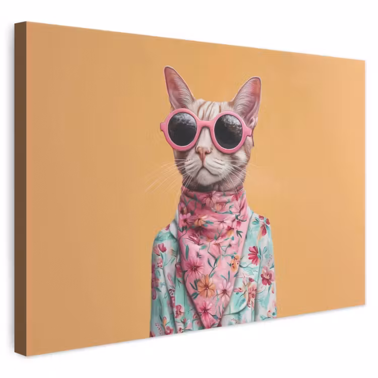 Leinwandbild - Sonnenbrille - Katze - Halstuch - Blumen — 1