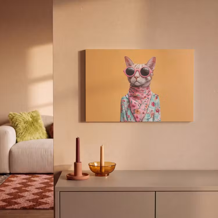 Leinwandbild - Sonnenbrille - Katze - Halstuch - Blumen — 2
