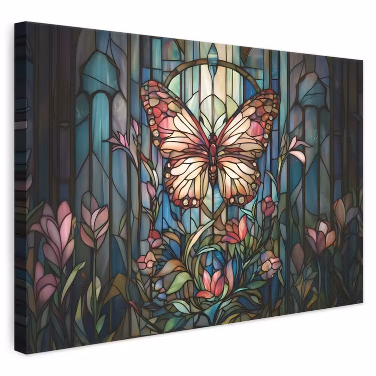 Leinwandbild - Schmetterling - Rosa - Blumen - Blätter — 1