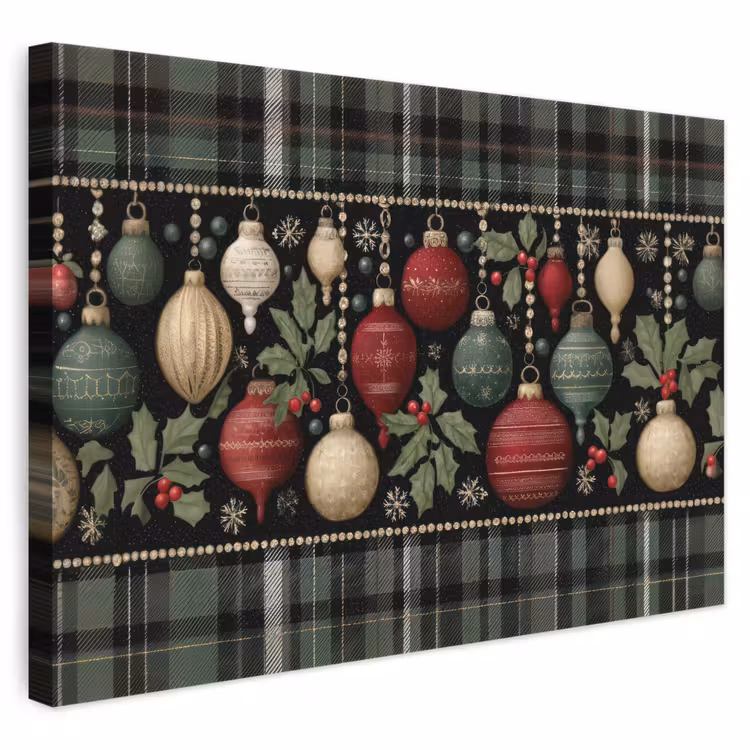 Leinwandbild - Weihnachtskugeln - Rot - Stechpalmenzweige - Muster — 1
