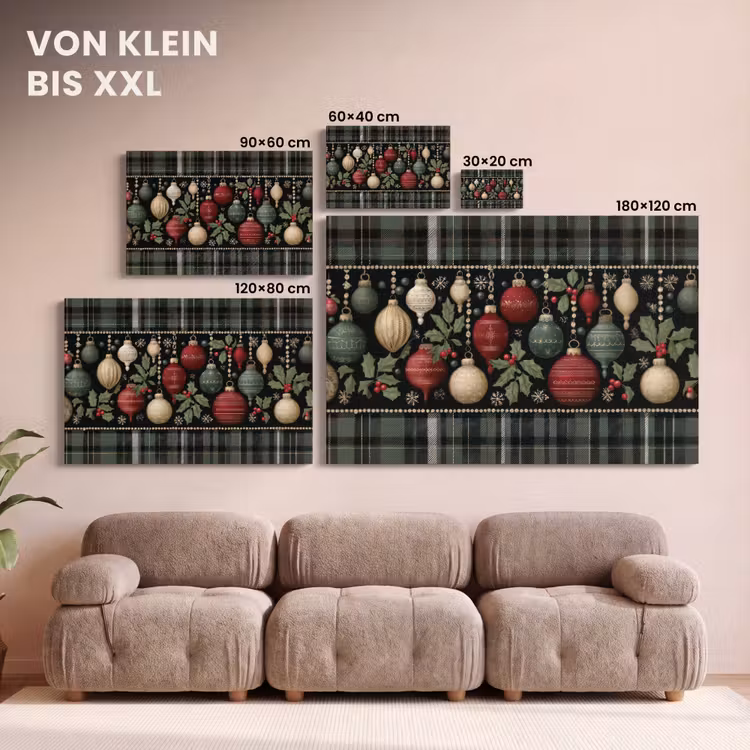 Leinwandbild - Weihnachtskugeln - Rot - Stechpalmenzweige - Muster — 6