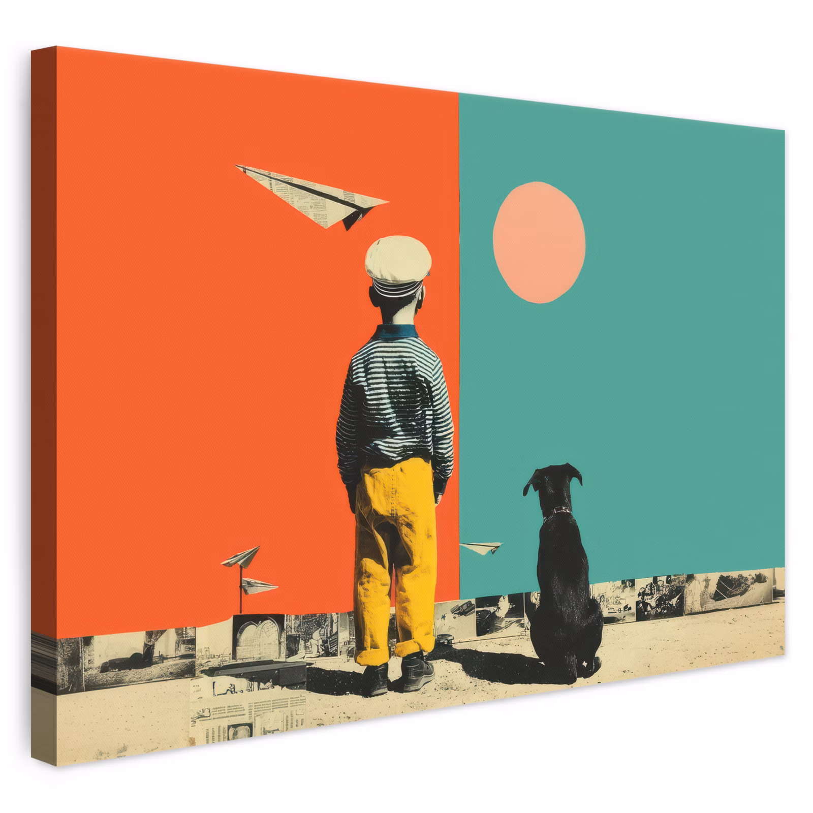 Leinwandbild - Retro - Junge - Hund - Rot - Grün — 1