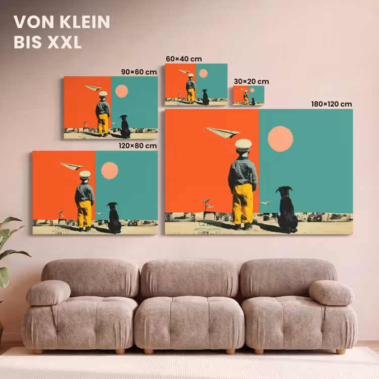 Leinwandbild - Retro - Junge - Hund - Rot - Grün — 6