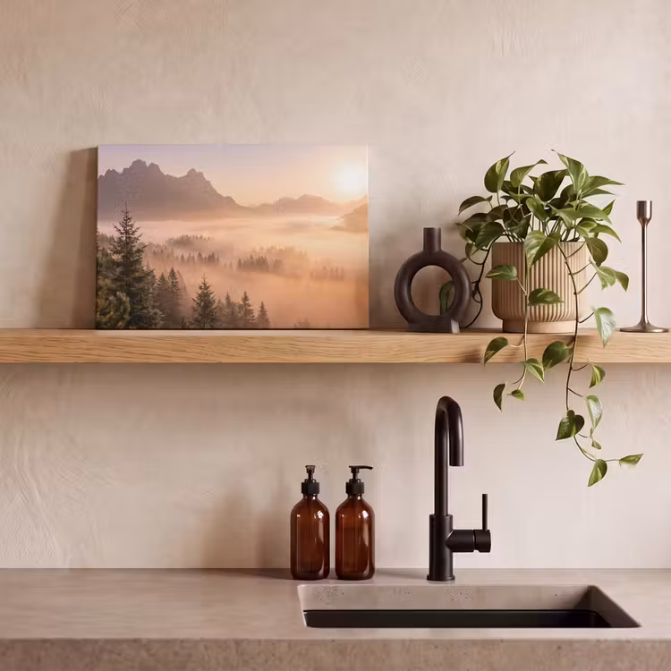 Leinwandbild - Sonnenlicht - Nebel - Berge - Bäume — 3