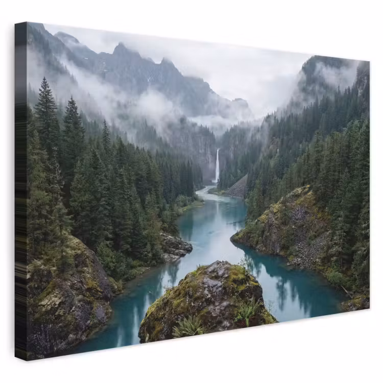 Leinwandbild - Wasserfall - Bäume - Berge — 1