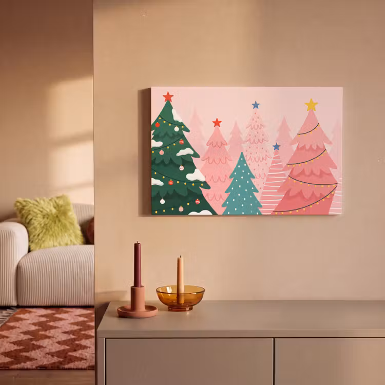 Leinwandbild - Weihnachtsbäume – Illustration – Rosa — 2