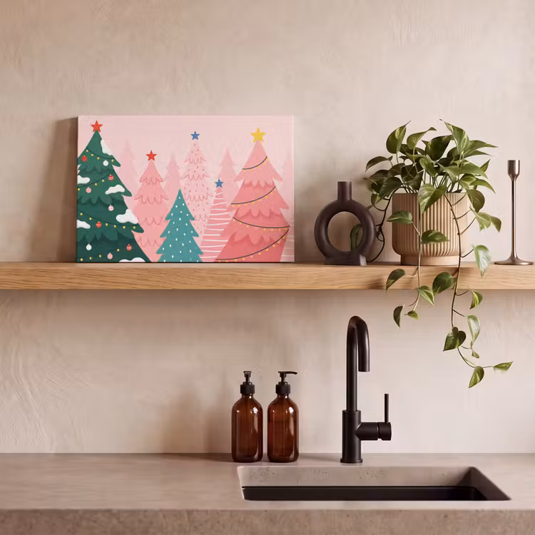 Leinwandbild - Weihnachtsbäume – Illustration – Rosa — 3