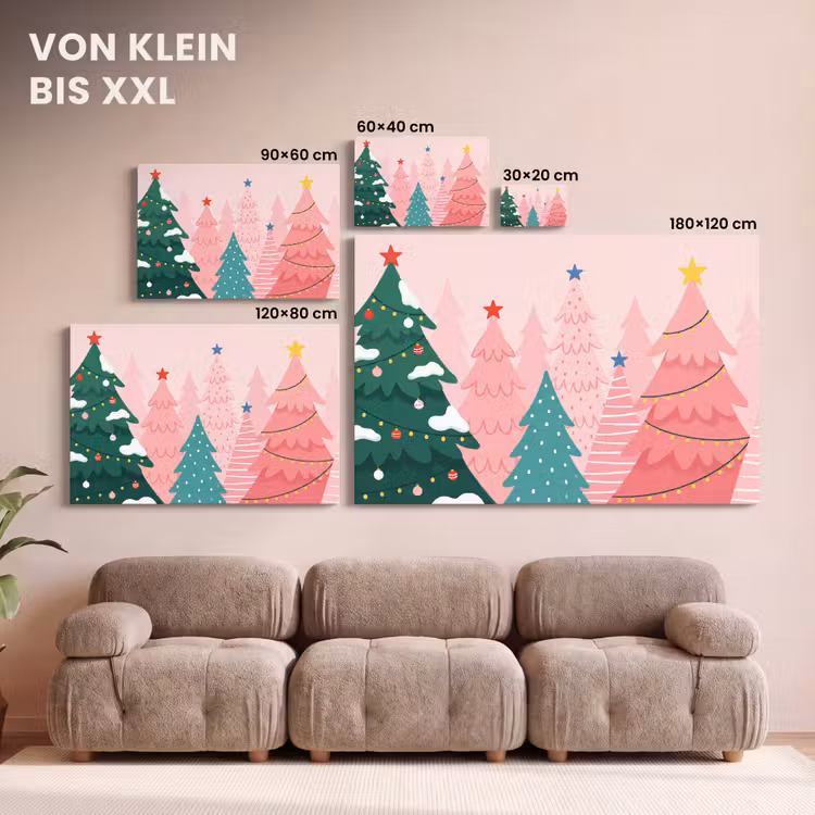 Leinwandbild - Weihnachtsbäume – Illustration – Rosa — 6