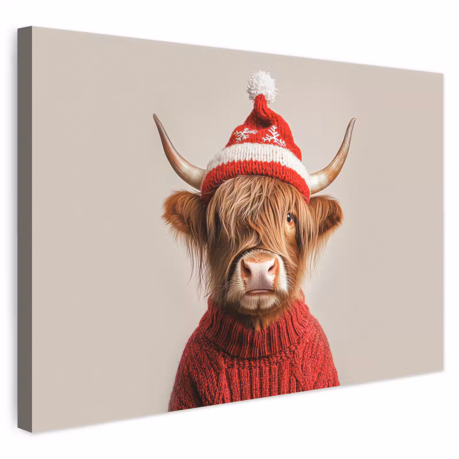 Leinwandbild - Schottischer Highlander - Weihnachten - Mütze - Pullover - Winter — 1