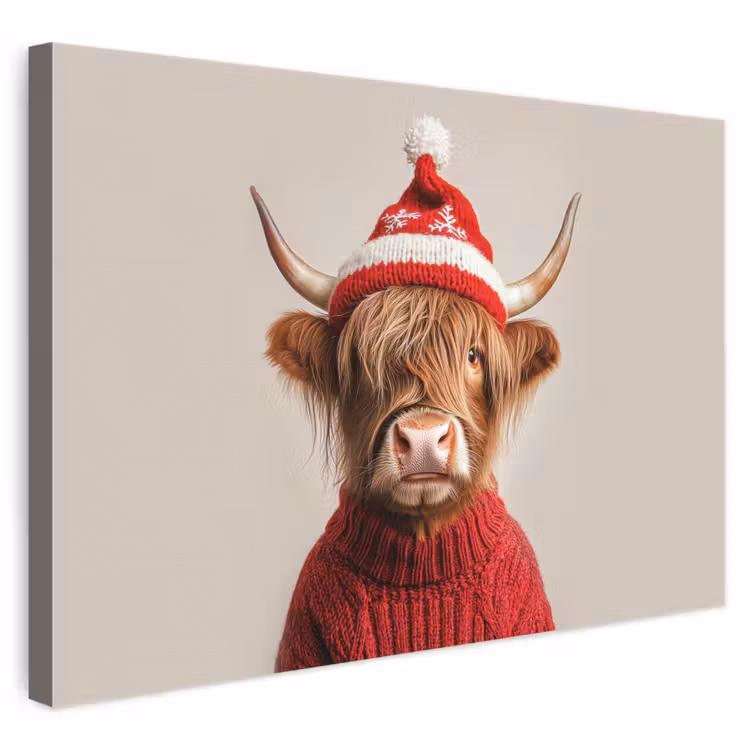 Leinwandbild - Schottischer Highlander - Weihnachten - Mütze - Pullover - Winter — 1