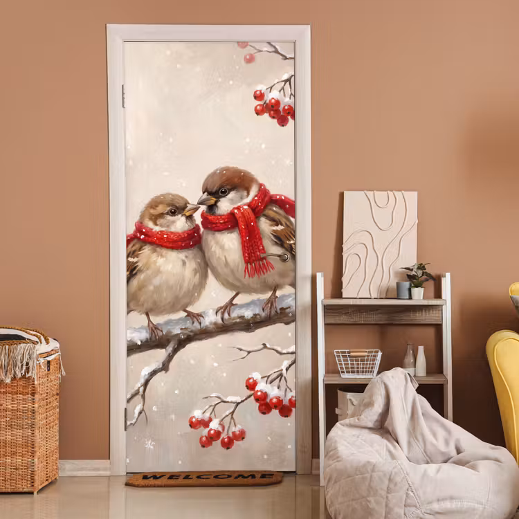 Türtapete - Vögel – Winter – Rot — 2