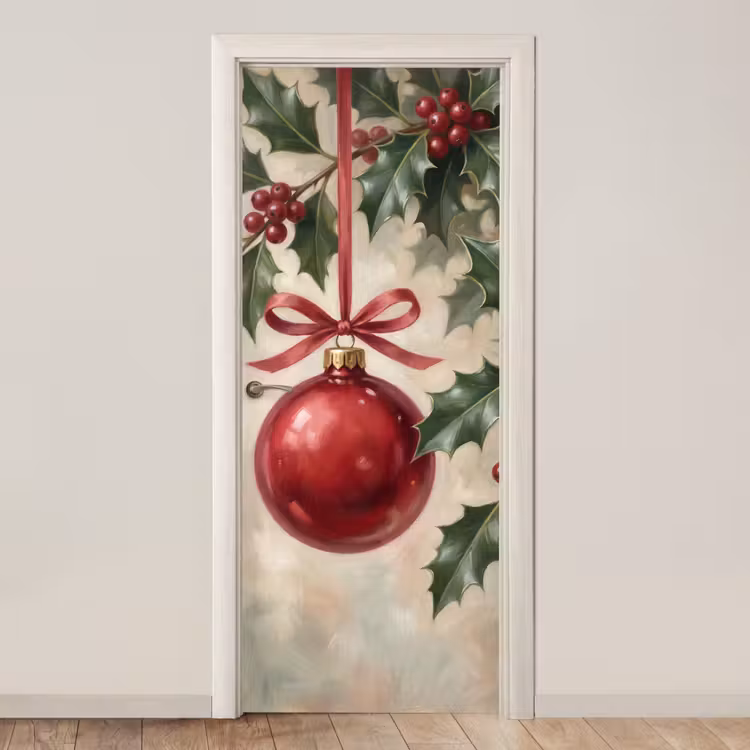 Türtapete - Weihnachtskugel – Stechpalme – Rot — 1