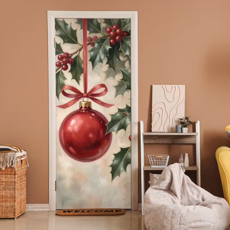 Türtapete - Weihnachtskugel – Stechpalme – Rot — 2