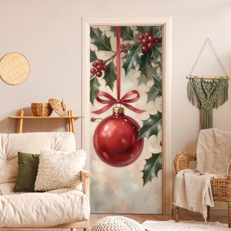 Türtapete - Weihnachtskugel – Stechpalme – Rot — 3