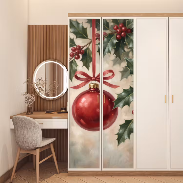 Türtapete - Weihnachtskugel – Stechpalme – Rot — 4