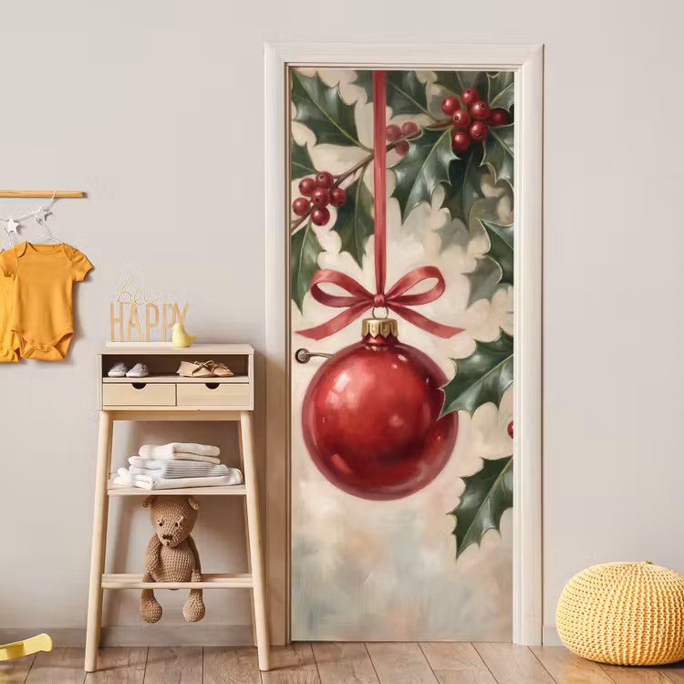 Türtapete - Weihnachtskugel – Stechpalme – Rot — 5