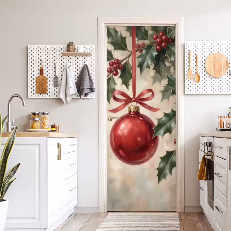 Türtapete - Weihnachtskugel – Stechpalme – Rot — 6