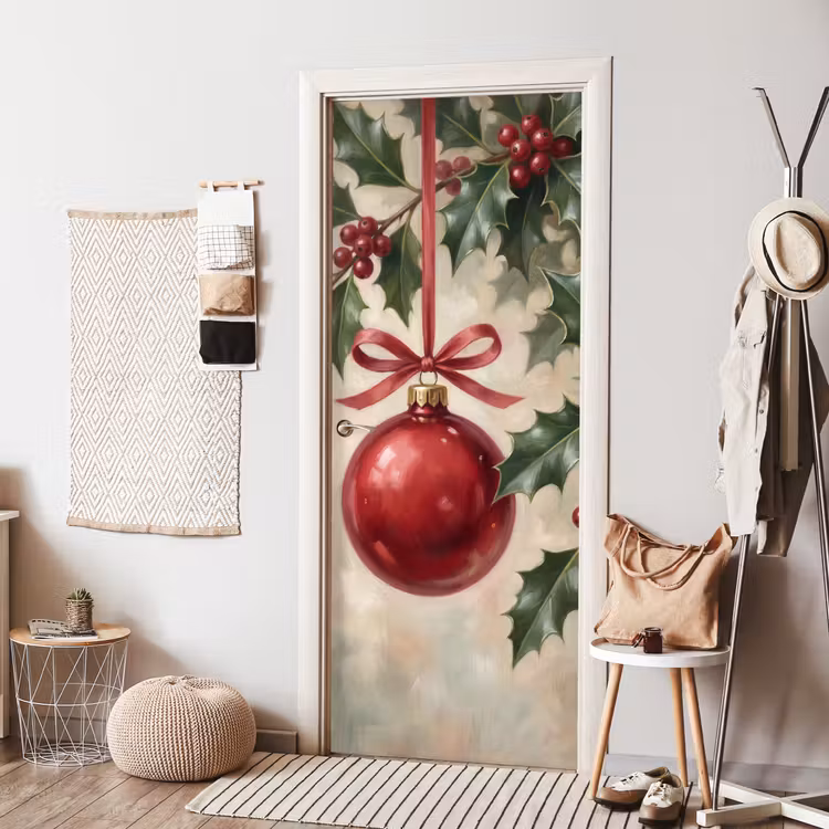 Türtapete - Weihnachtskugel – Stechpalme – Rot — 7