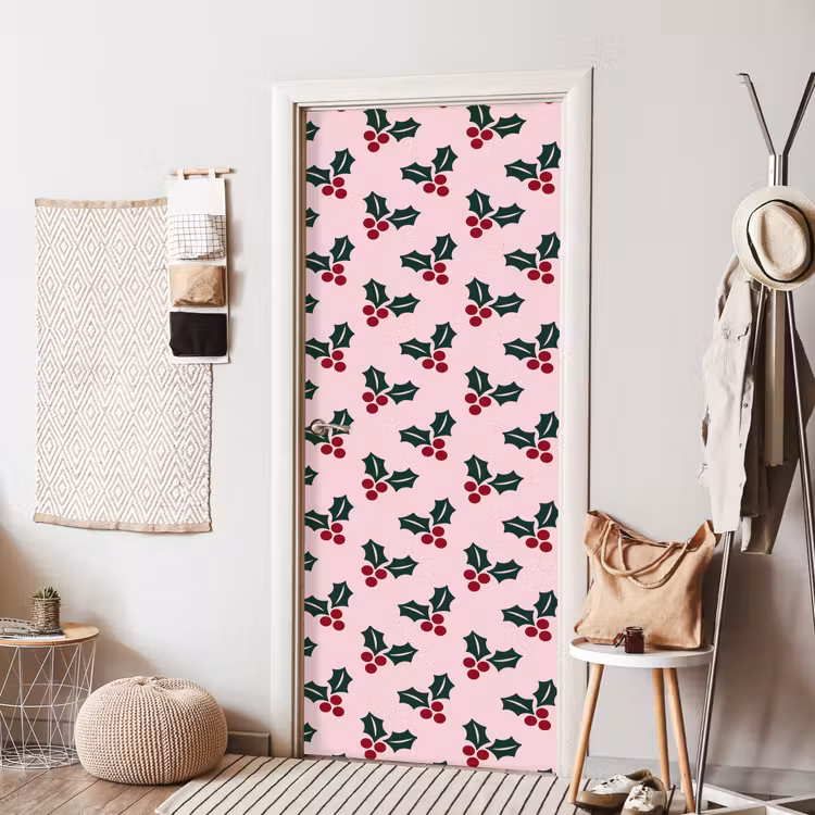 Türtapete - Weihnachten – Stechpalme – Grün – Rosa — 7