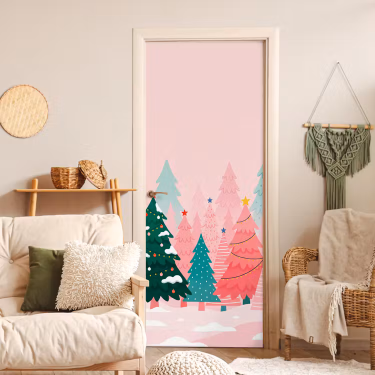 Türtapete - Weihnachtsbäume – Illustration – Rosa — 3