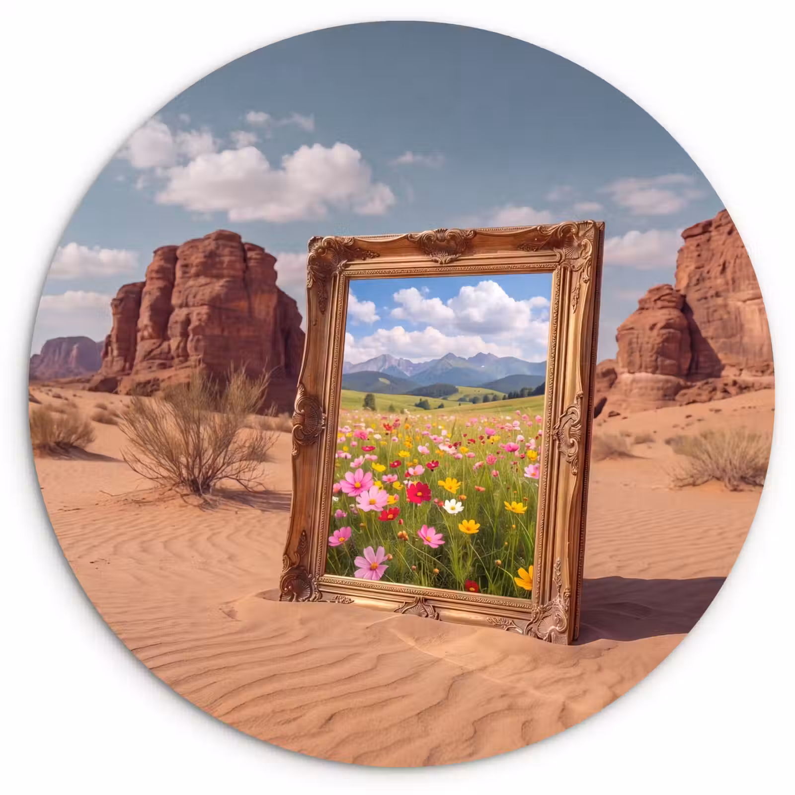 Forexbild Rund - Rahmen – Wüste – Blumen — 1