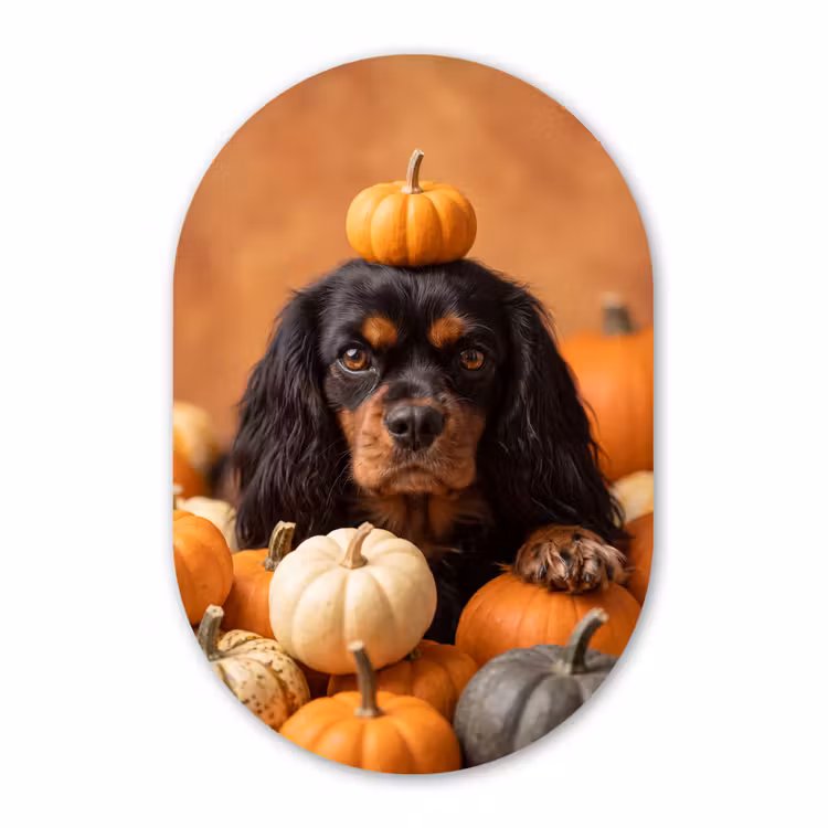 Glasbild Oval - Hund – Kürbis – Herbst — 1