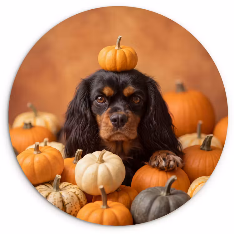 Glasbild Rund - Hund – Kürbis – Herbst — 1