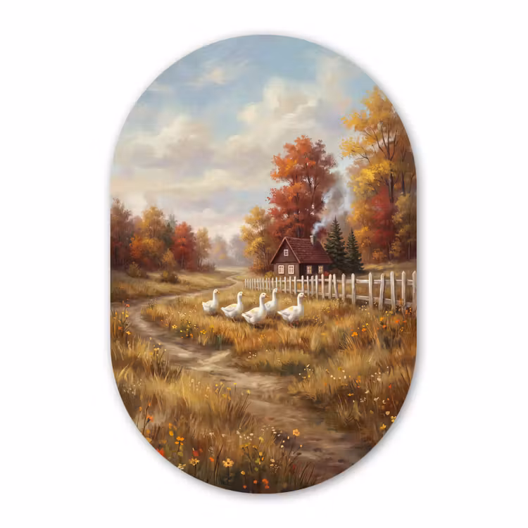 Glasbild Oval - Vogel – Haus – Natur — 1