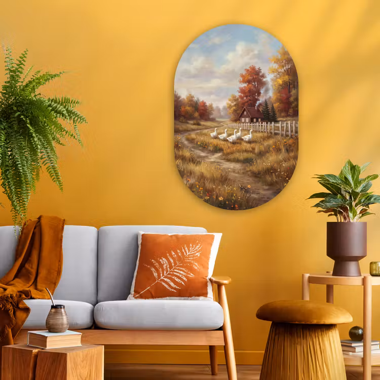 Glasbild Oval - Vogel – Haus – Natur — 3