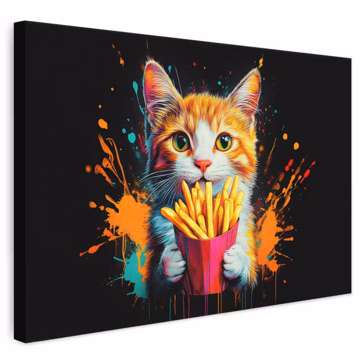 Leinwandbild - Katze - Essen - Pommes frites - Graffiti - Abstrakt — 1