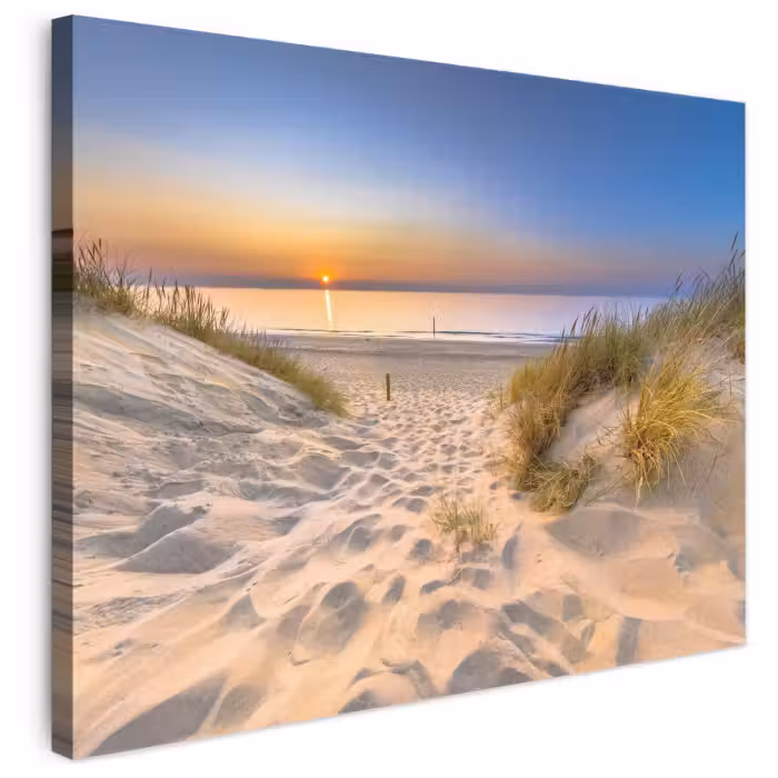 Leinwandbild - Düne - Sonnenuntergang - Horizont - Strand - Gras