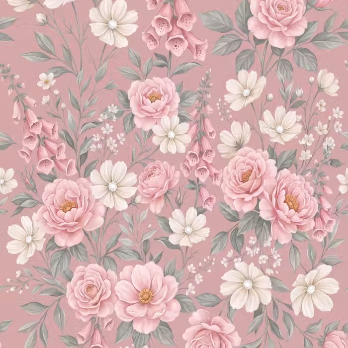 Tapete - Pfingstrosen - Fingerhut - Rosa