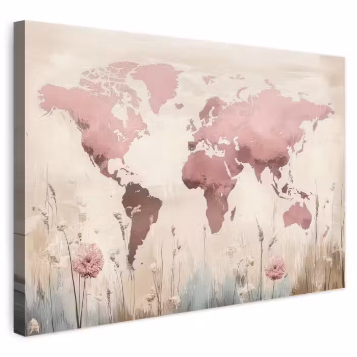 Leinwandbild - Weltkarte - Rosa - Blumen