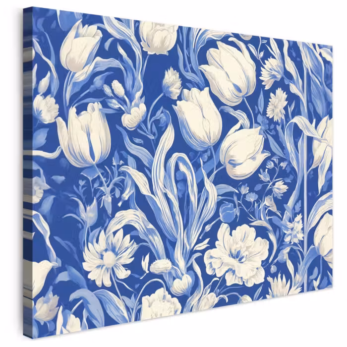 Leinwandbild - Blumen - Delfter Blau - Muster - Tulpe