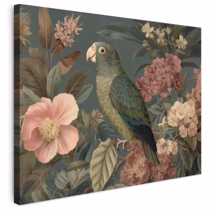 Leinwandbild - Grüner Papagei - Bunte Blumen - Dunkler Hintergrund