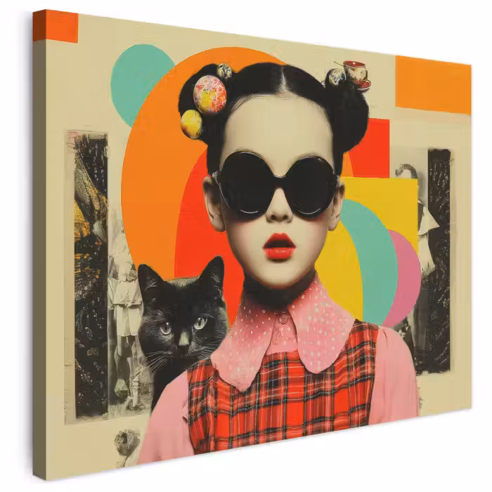 Leinwandbild - Mädchen - Sonnenbrille - Katze - Retro