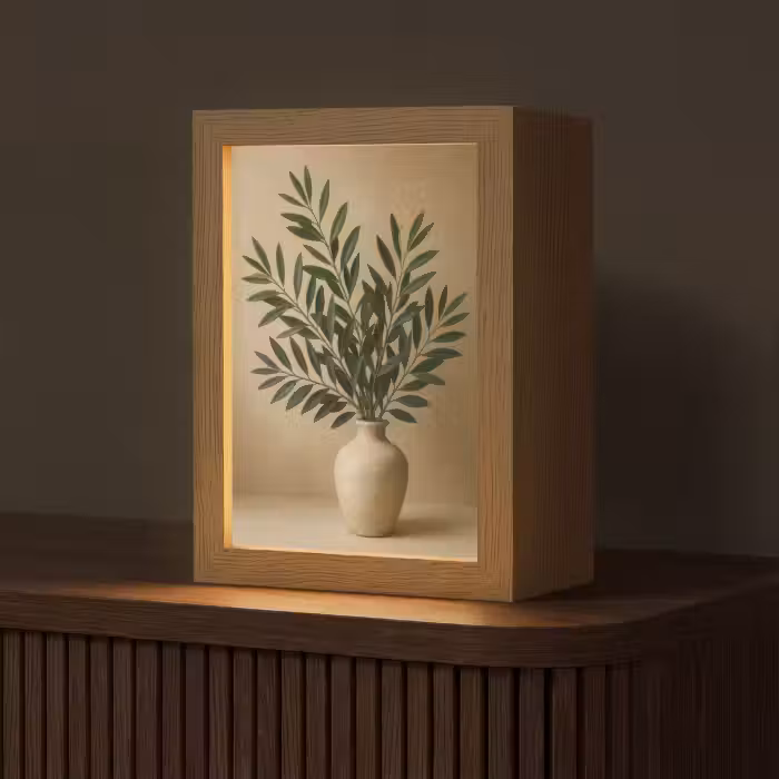 Tischlampe - Vase - Olivenzweige - Blätter - Beige