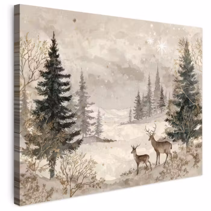 Leinwandbild - Wald - Hirsche - Winter - Schnee