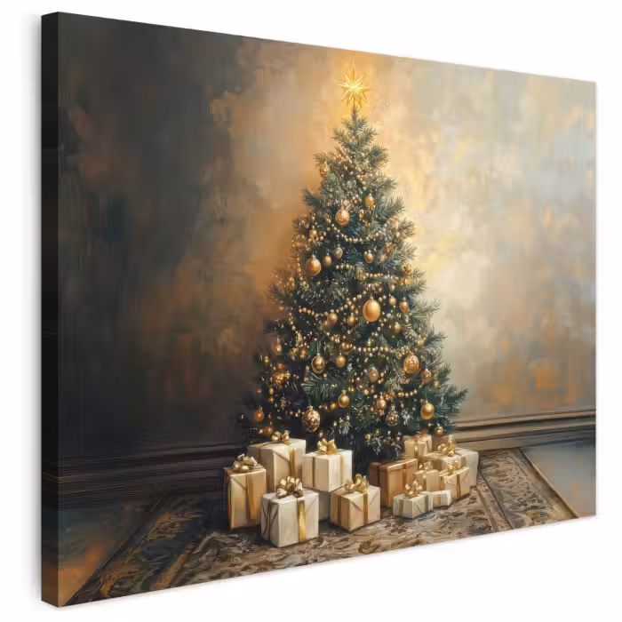 Leinwandbild - Weihnachtsbaum - Geschenke - Gold