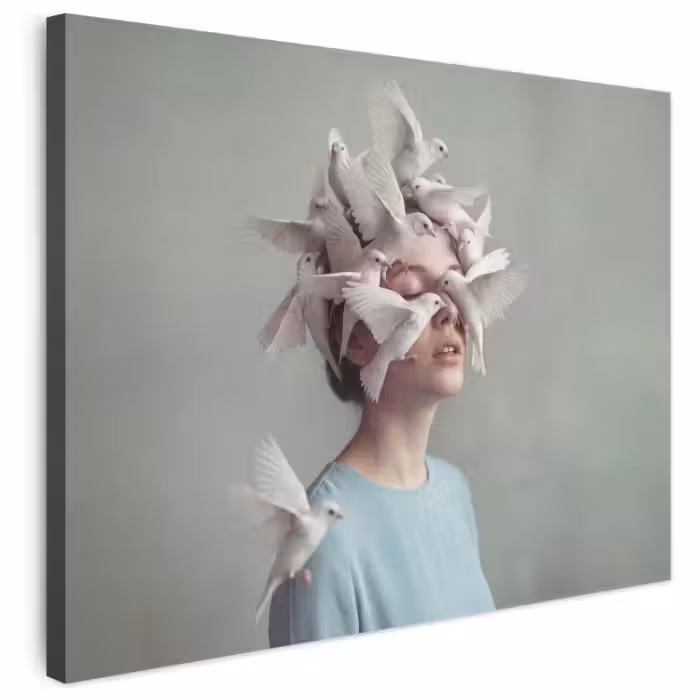 Leinwandbild - Frau – Vögel – Abstrakt – Modern – Weiß