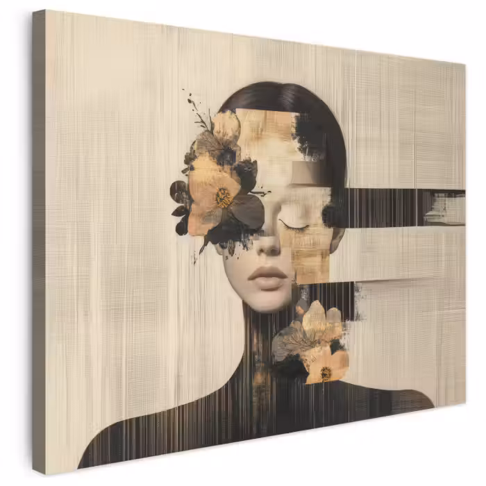 Leinwandbild - Gesicht - Blumen - Schwarz - Frau