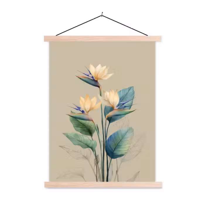 Stoffbild - Paradiesvogelblüten - Blaugrüne Blätter - Beige