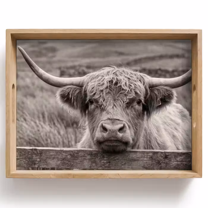 Tablett - Schottischer Highlander - Schwarz - Weiß - Holz