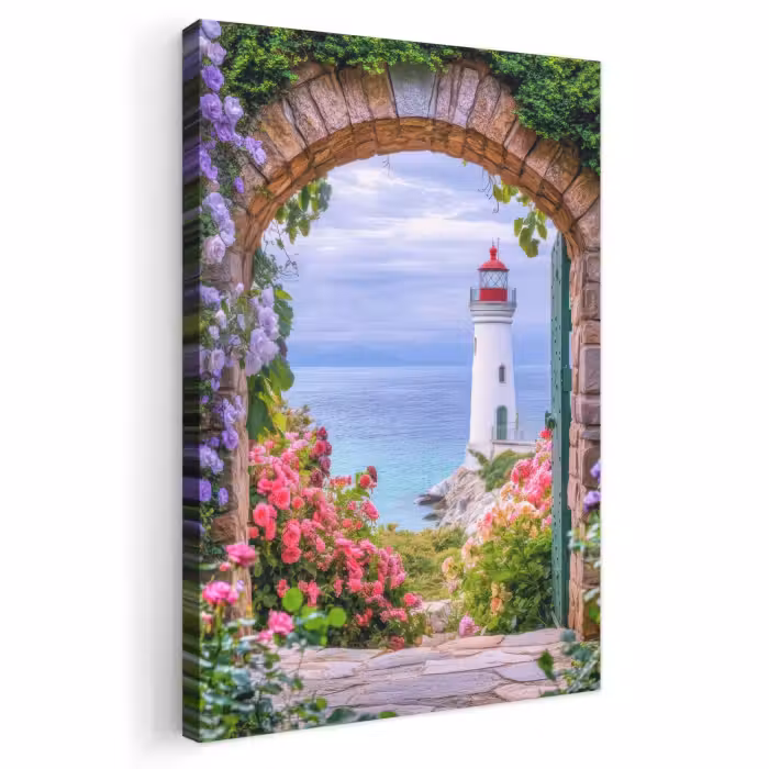 Leinwandbild - Durchblick - Leuchtturm - Blumen - Aussicht